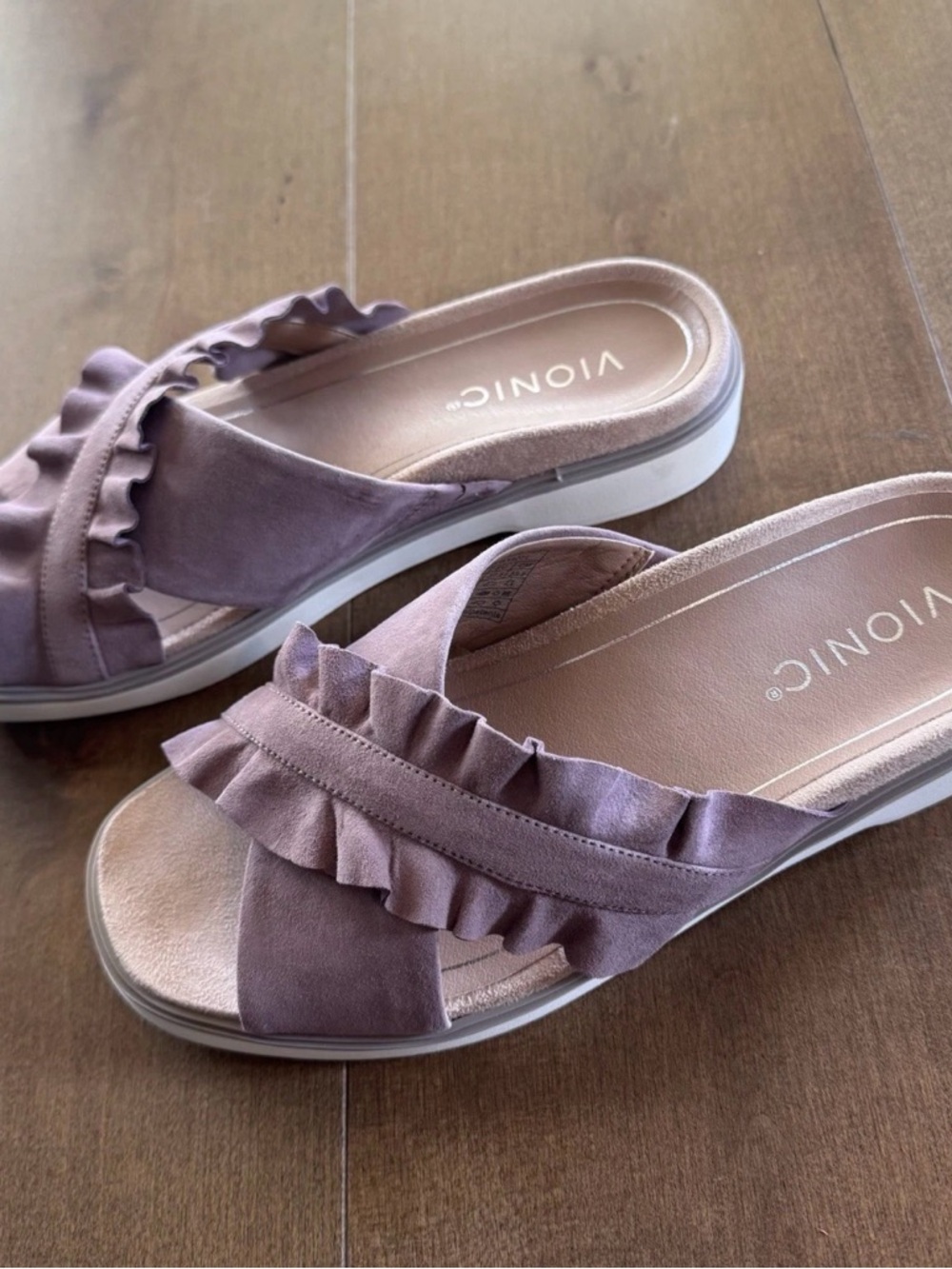 Vionic Azalea Ruffle Slide Sandals Pink Mauve Suede Comfort Size 6.5 NWOB - Picture 4 of 10